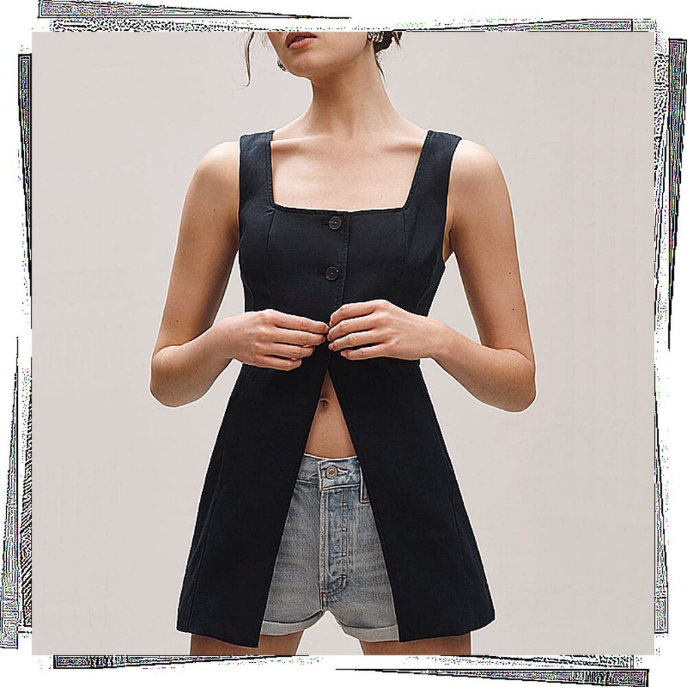 NWT: Black Linen & Tencel Longline Vest/Jacket (8)